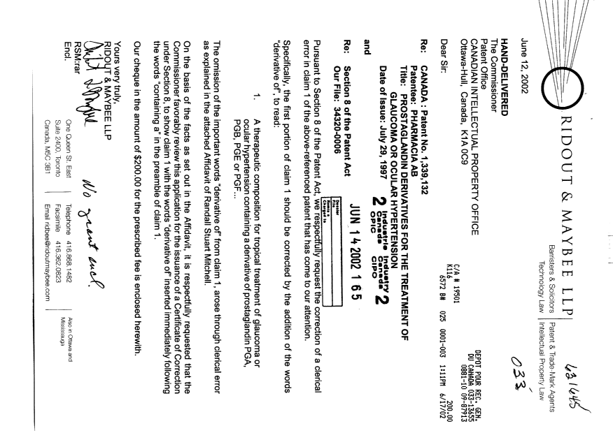 Canadian Patent Document 1339132. Correspondence 20020614. Image 1 of 25