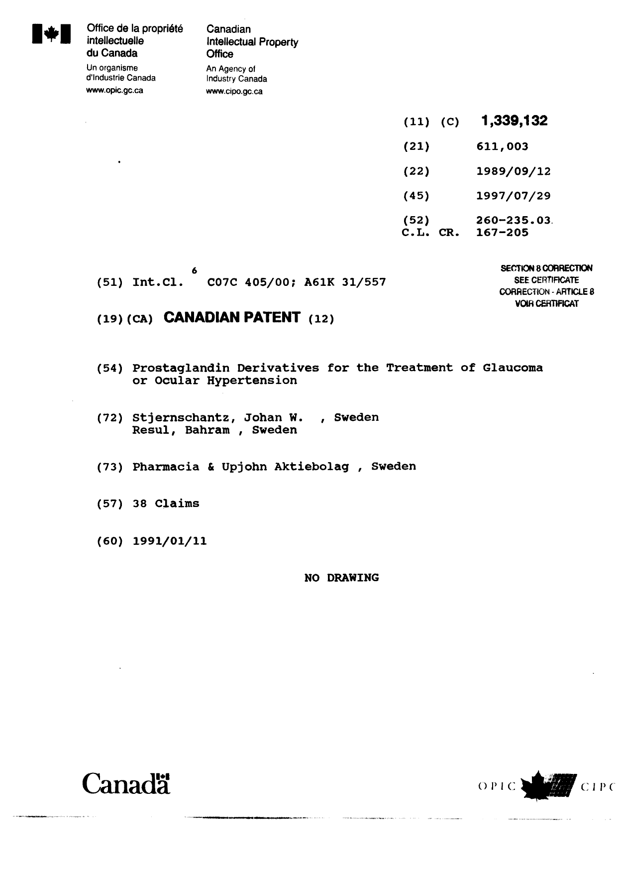 Document de brevet canadien 1339132. Page couverture 20020702. Image 1 de 2