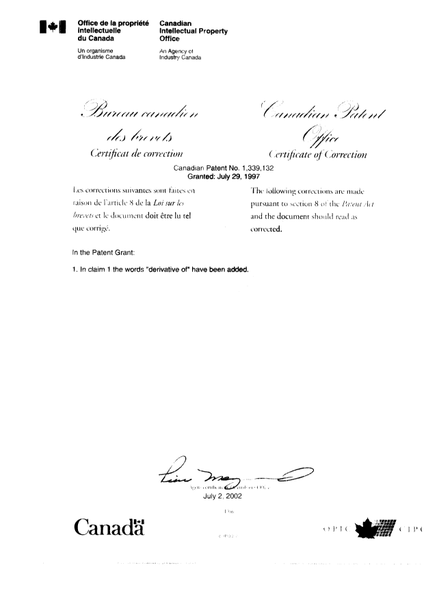 Document de brevet canadien 1339132. Page couverture 20020702. Image 2 de 2