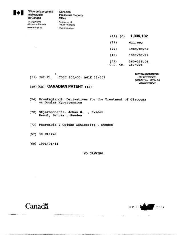 Document de brevet canadien 1339132. Page couverture 20020719. Image 1 de 2