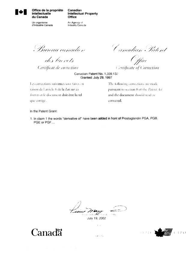 Canadian Patent Document 1339132. Cover Page 20020719. Image 2 of 2