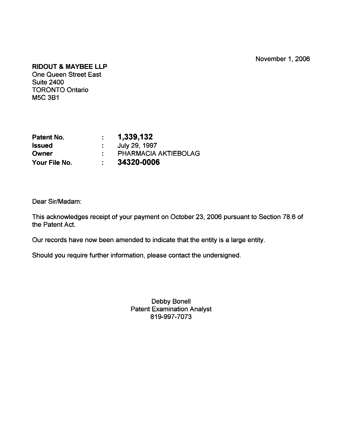 Canadian Patent Document 1339132. Correspondence 20051201. Image 1 of 1