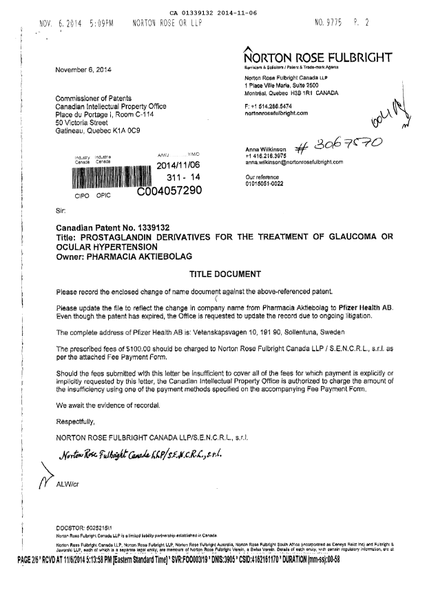 Document de brevet canadien 1339132. Cession 20141106. Image 1 de 5