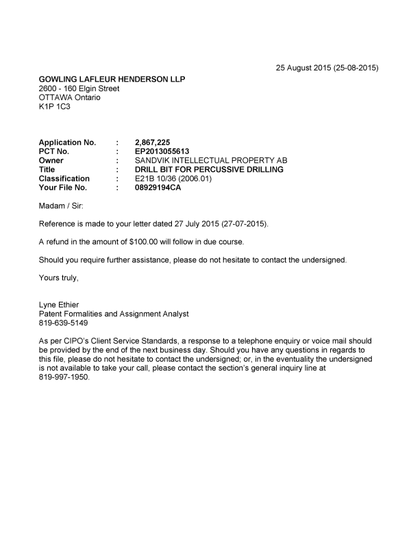 Document de brevet canadien 1339132. Lettre du bureau 20150825. Image 1 de 1