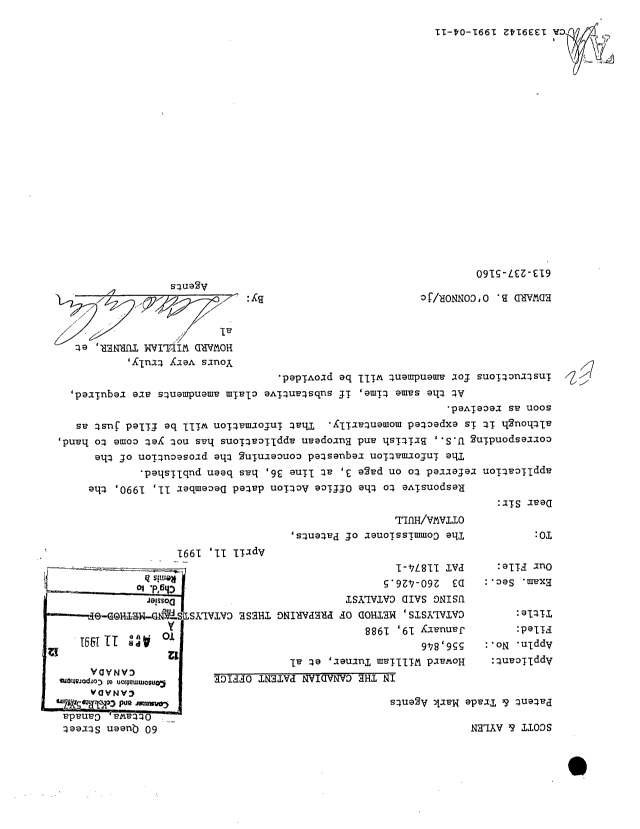 Canadian Patent Document 1339142. Prosecution Correspondence 19910411. Image 1 of 1