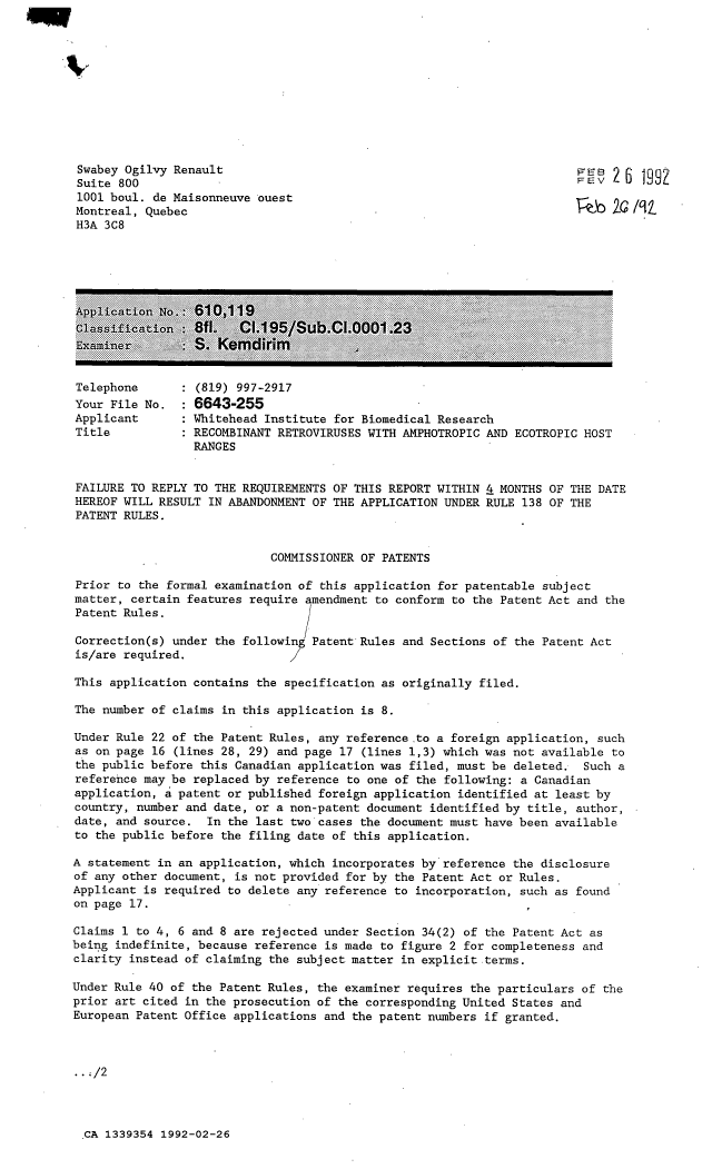 Canadian Patent Document 1339354. Examiner Requisition 19920226. Image 1 of 2