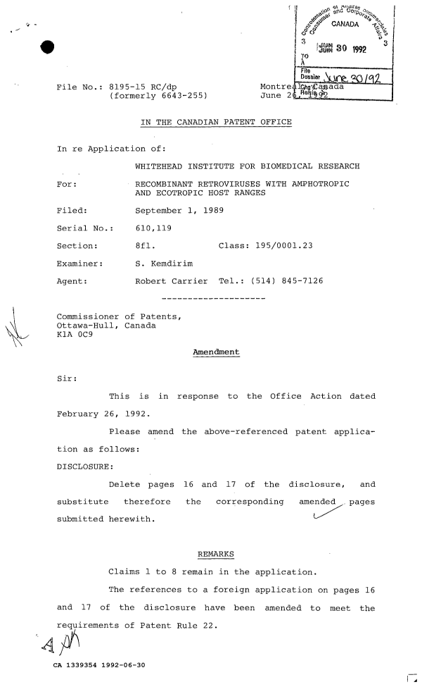 Canadian Patent Document 1339354. Prosecution Correspondence 19920630. Image 1 of 3