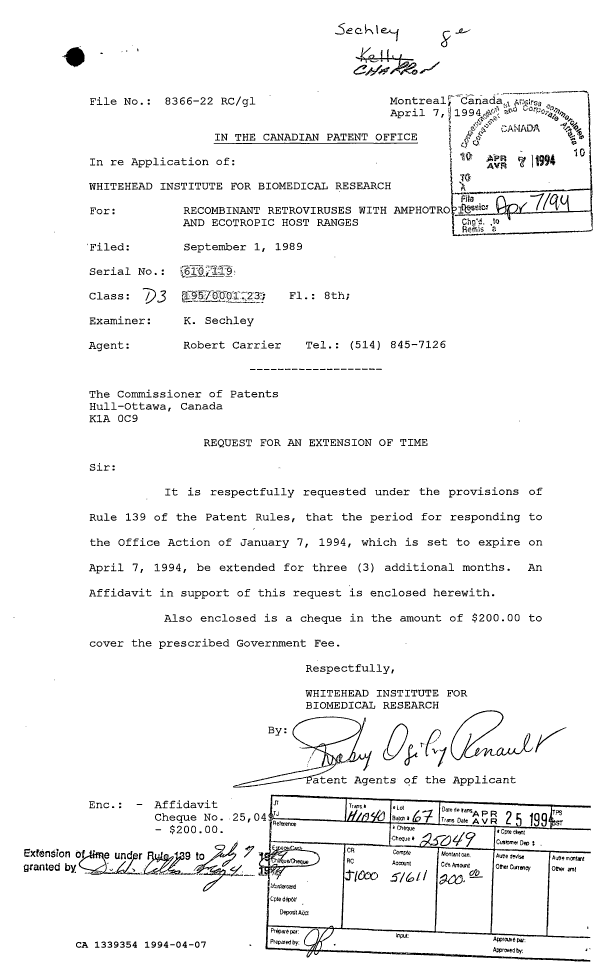 Document de brevet canadien 1339354. Correspondance reliée au PCT 19940407. Image 1 de 7