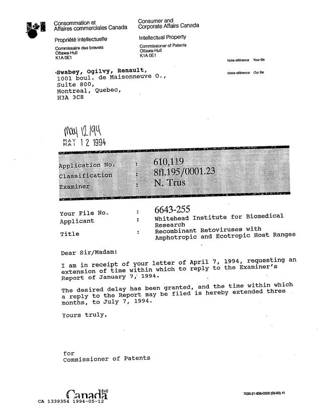 Canadian Patent Document 1339354. Office Letter 19940512. Image 1 of 1