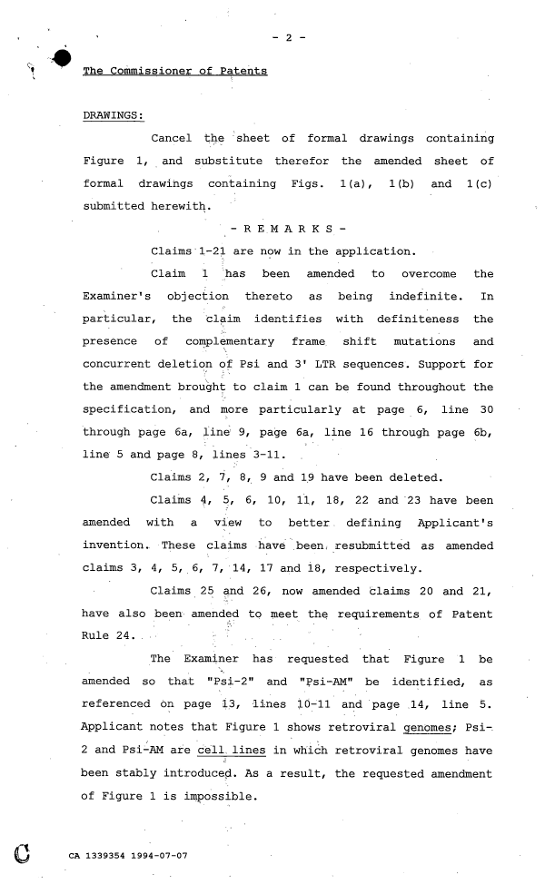 Canadian Patent Document 1339354. Prosecution Correspondence 19940707. Image 2 of 3