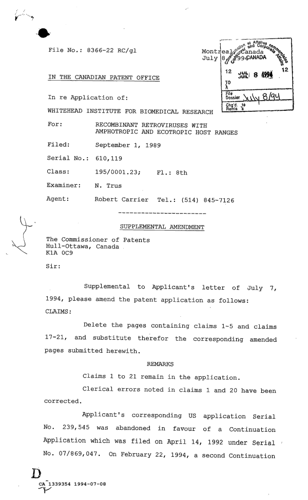 Document de brevet canadien 1339354. Correspondance de la poursuite 19940708. Image 1 de 2