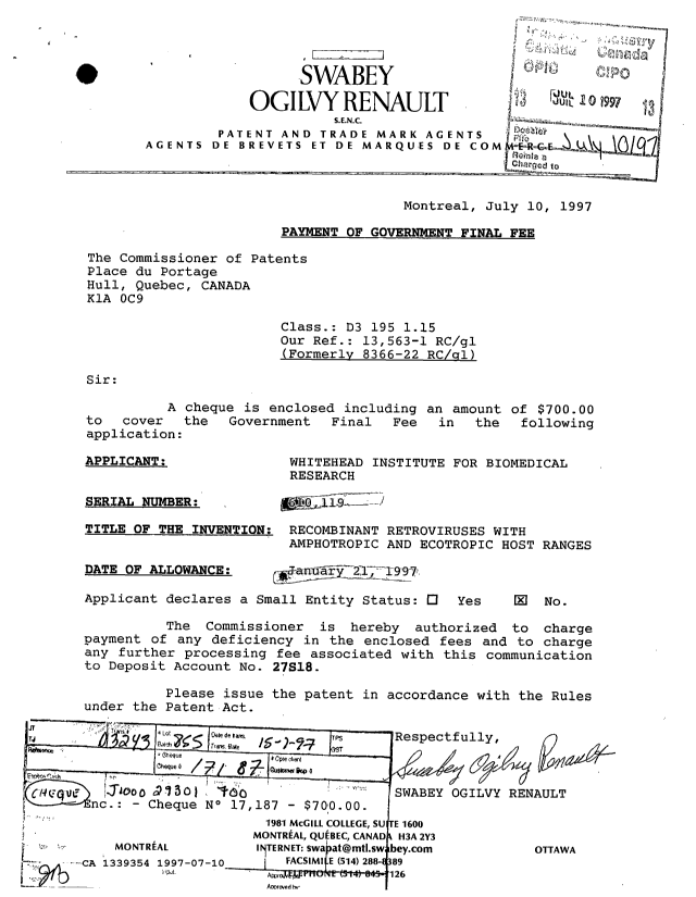 Document de brevet canadien 1339354. Correspondance reliée au PCT 19970710. Image 1 de 1