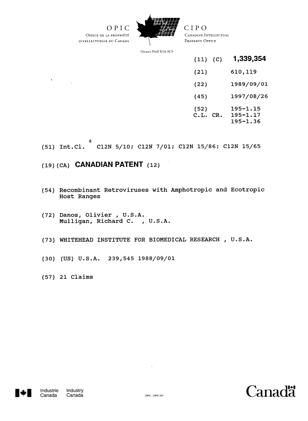 Document de brevet canadien 1339354. Page couverture 19971021. Image 1 de 1