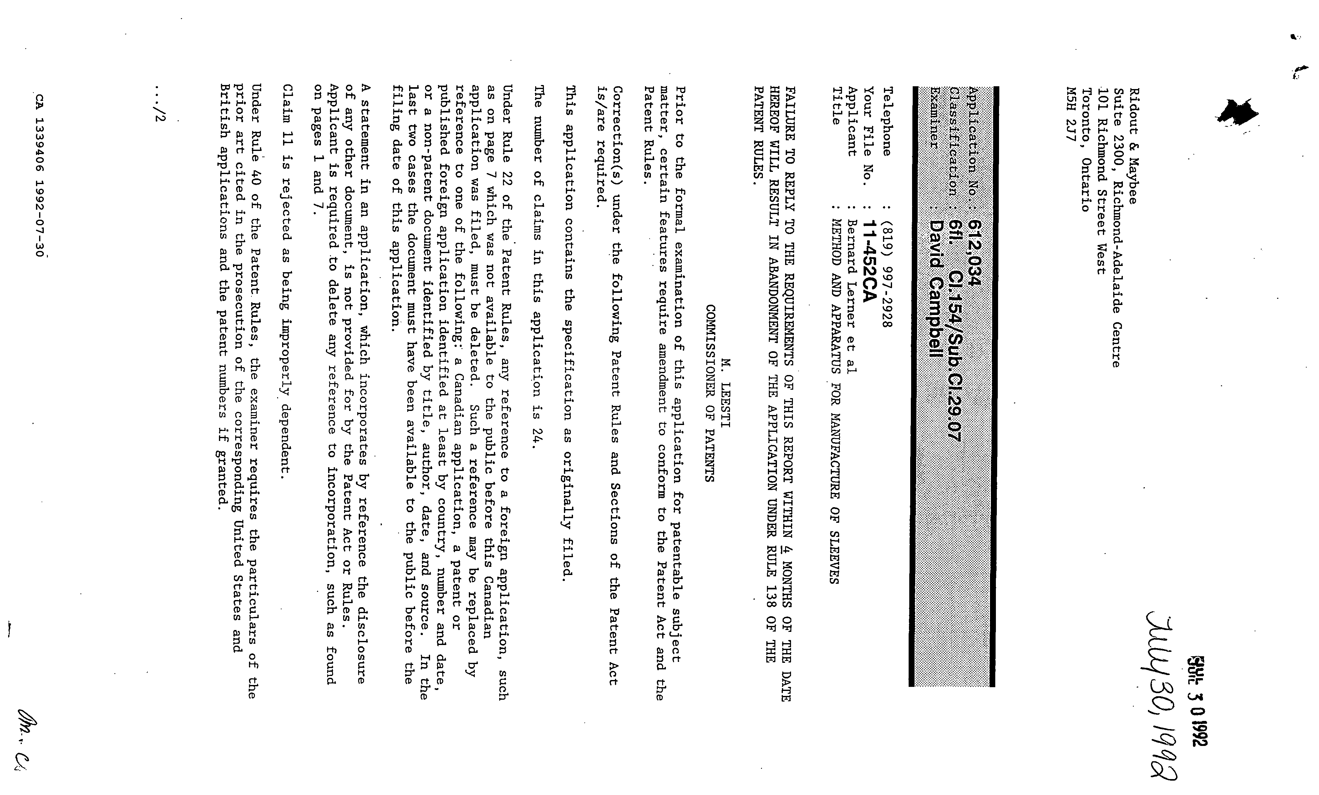 Canadian Patent Document 1339406. Examiner Requisition 19920730. Image 1 of 2