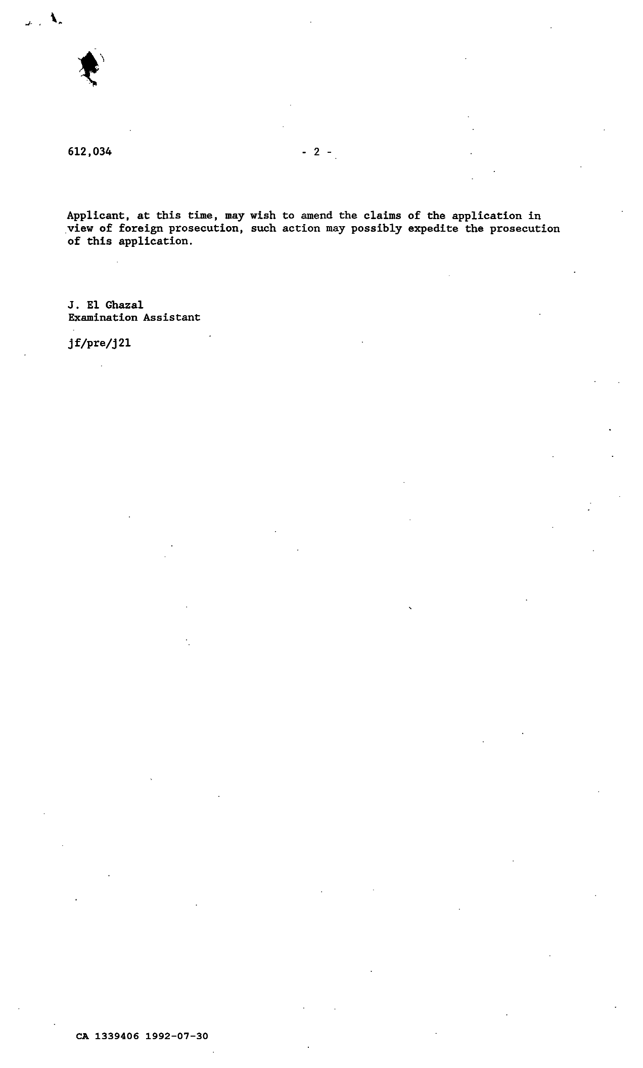Canadian Patent Document 1339406. Examiner Requisition 19920730. Image 2 of 2