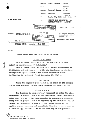 Document de brevet canadien 1339406. Correspondance de la poursuite 19921127. Image 1 de 3