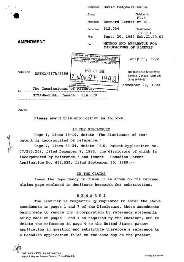 Document de brevet canadien 1339406. Correspondance de la poursuite 19921127. Image 1 de 3