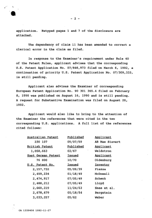 Canadian Patent Document 1339406. Prosecution Correspondence 19921127. Image 2 of 3