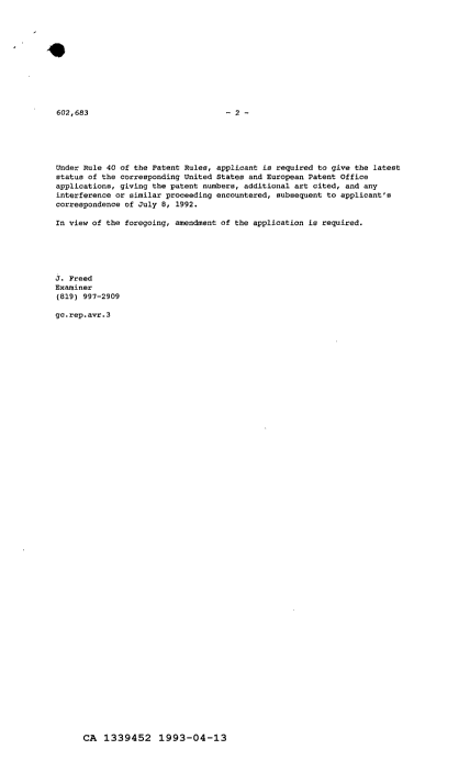 Canadian Patent Document 1339452. Examiner Requisition 19930413. Image 2 of 2