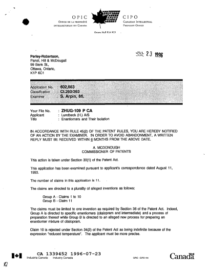 Document de brevet canadien 1339452. Demande d'examen 19960723. Image 1 de 2
