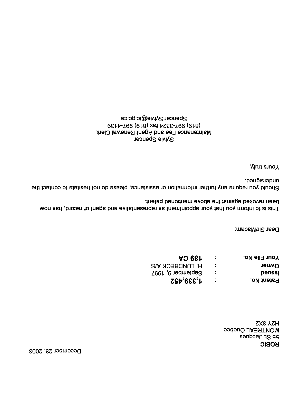 Document de brevet canadien 1339452. Correspondance 20021223. Image 1 de 1