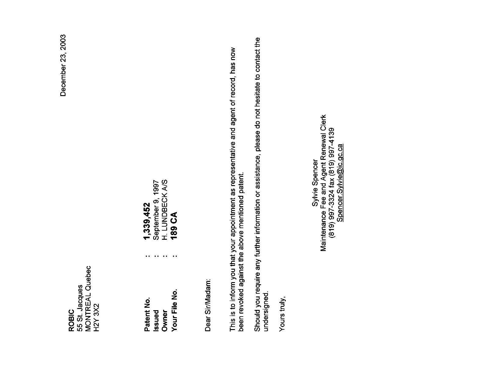 Canadian Patent Document 1339452. Correspondence 20021223. Image 1 of 1