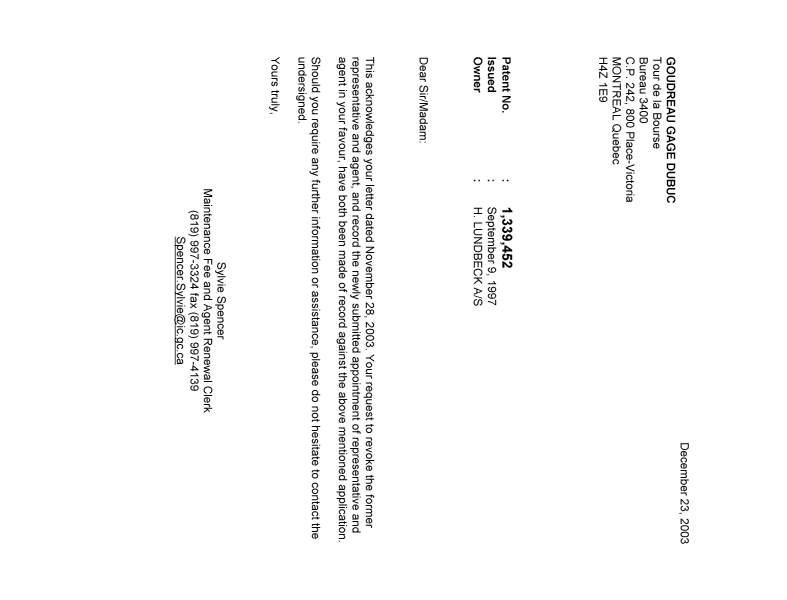 Canadian Patent Document 1339452. Correspondence 20031223. Image 1 of 1