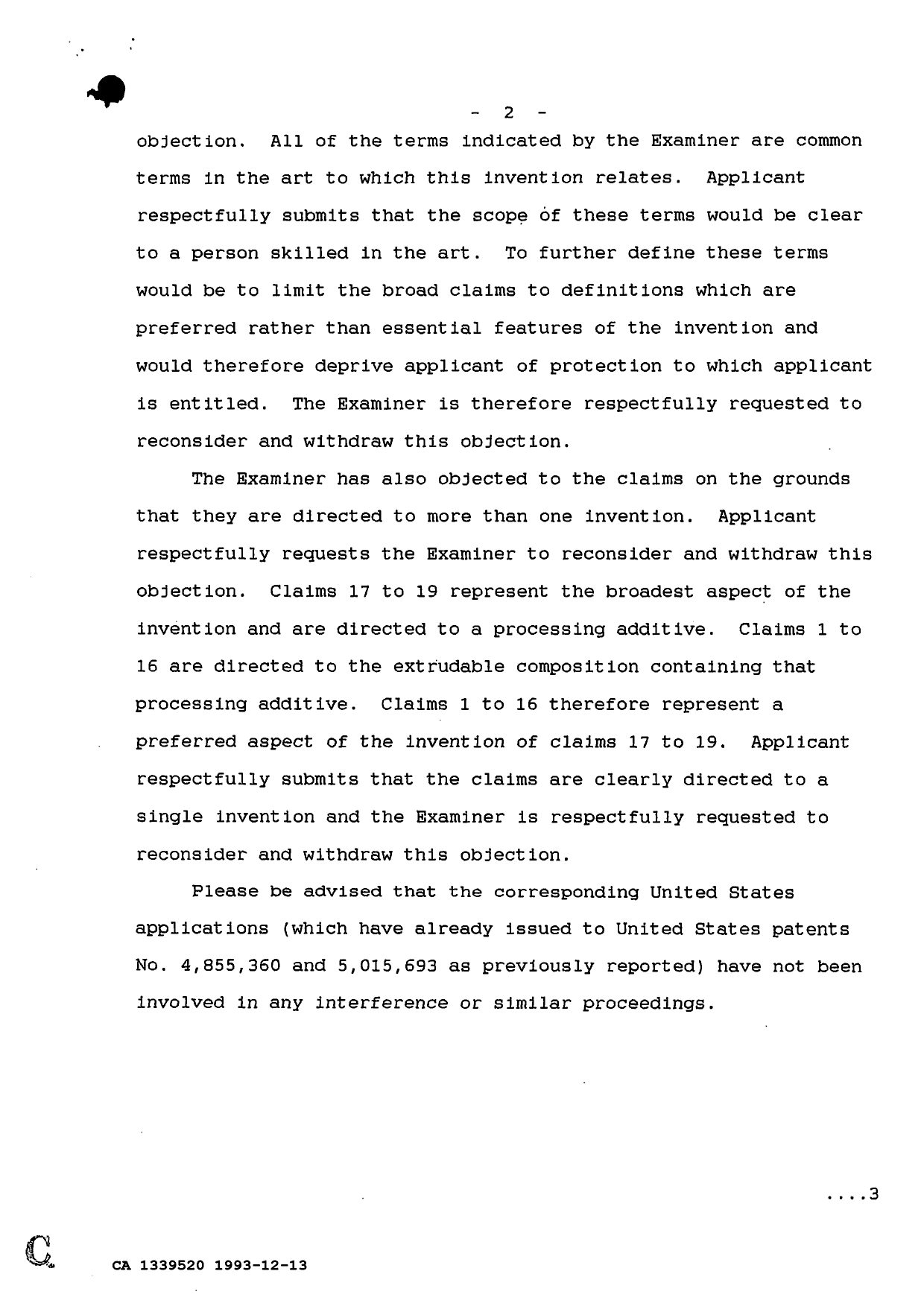 Canadian Patent Document 1339520. Prosecution Correspondence 19931213. Image 2 of 3