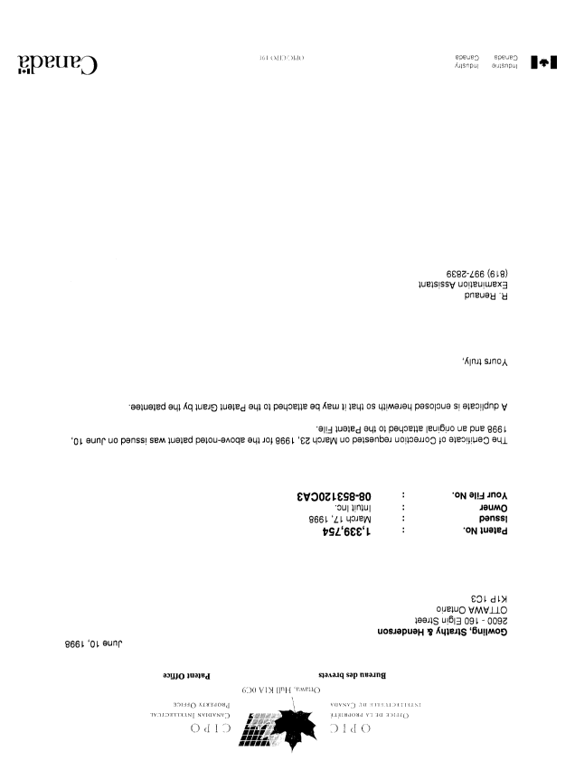 Canadian Patent Document 1339754. Prosecution-Amendment 19980610. Image 1 of 2