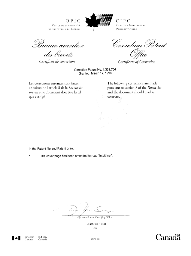 Canadian Patent Document 1339754. Prosecution-Amendment 19980610. Image 2 of 2