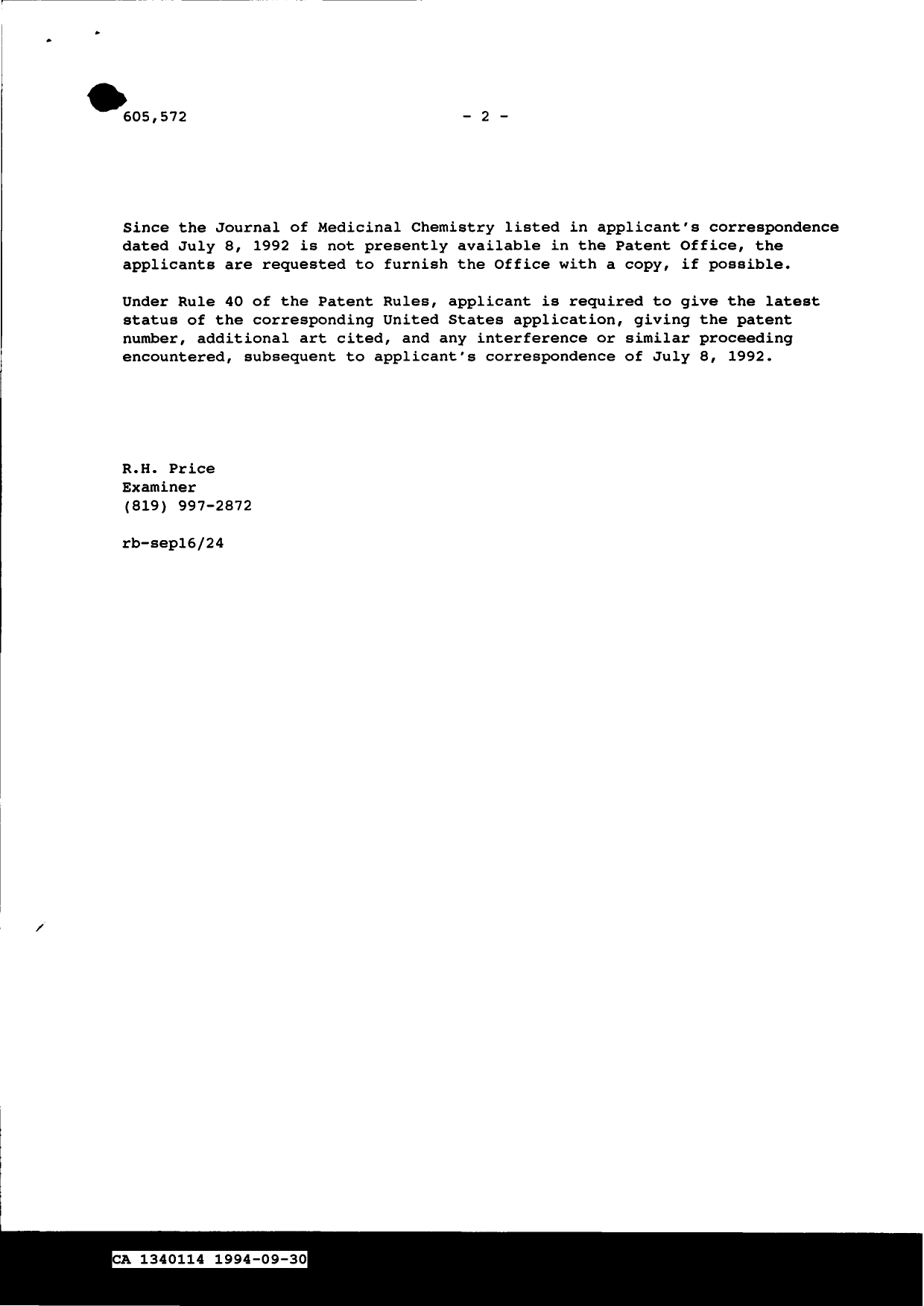 Canadian Patent Document 1340114. Prosecution-Amendment 19931230. Image 2 of 2