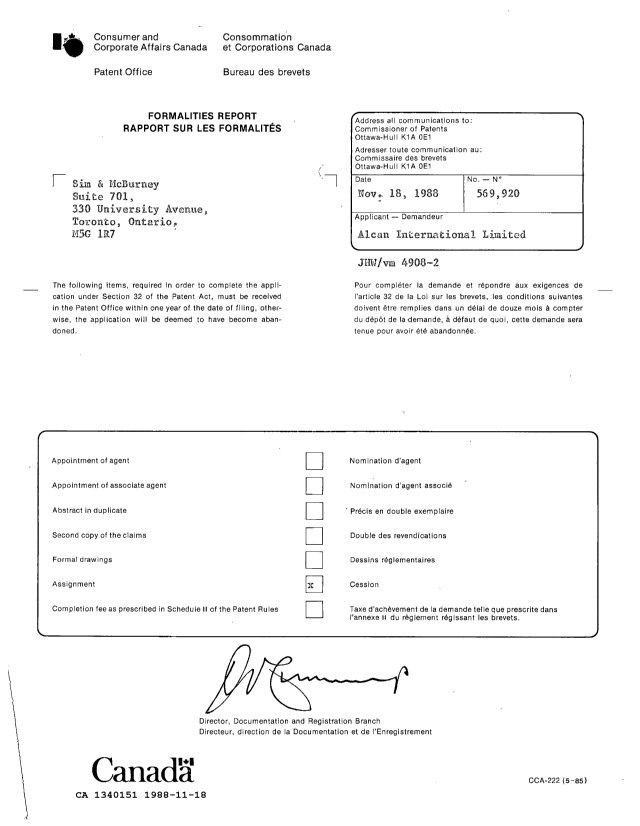 Document de brevet canadien 1340151. Lettre du bureau 19881118. Image 1 de 1