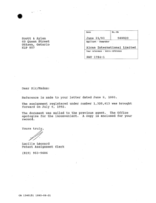 Document de brevet canadien 1340151. Lettre du bureau 19930621. Image 1 de 1