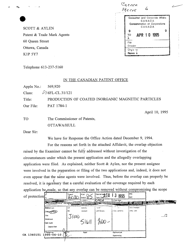 Document de brevet canadien 1340151. Correspondance reliée au PCT 19950410. Image 1 de 3