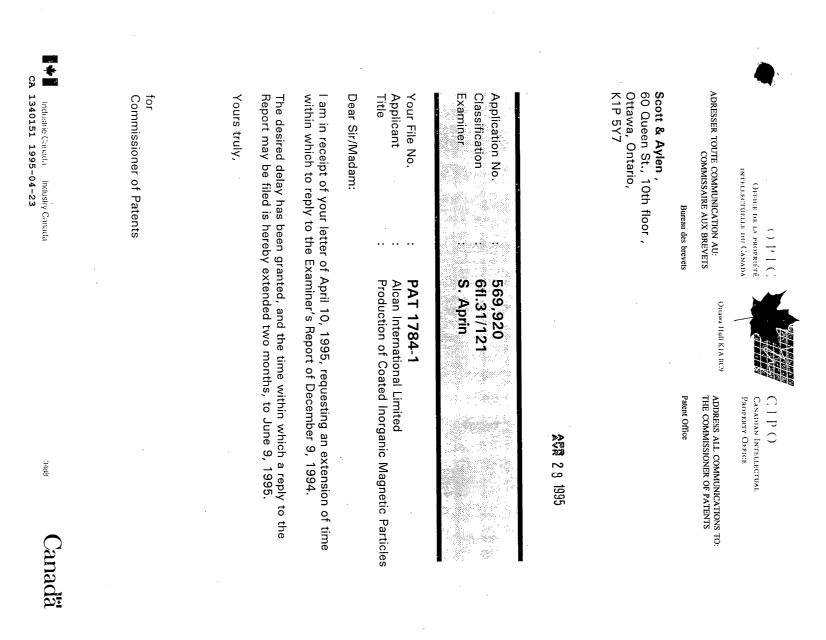 Document de brevet canadien 1340151. Lettre du bureau 19950423. Image 1 de 1