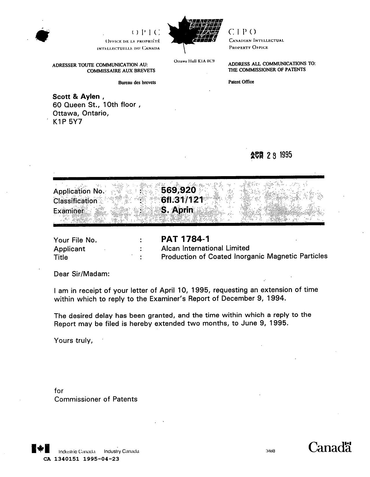 Document de brevet canadien 1340151. Lettre du bureau 19950423. Image 1 de 1