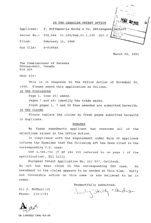 Document de brevet canadien 1340522. Correspondance de la poursuite 19910320. Image 1 de 4