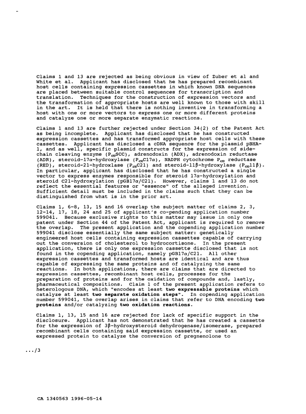 Document de brevet canadien 1340563. Demande d'examen 19960514. Image 2 de 3