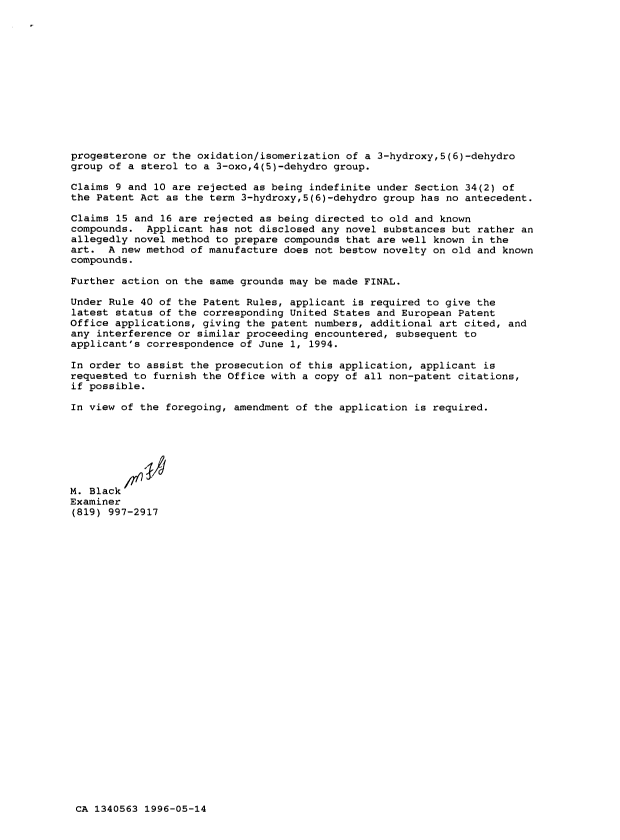 Document de brevet canadien 1340563. Demande d'examen 19960514. Image 3 de 3