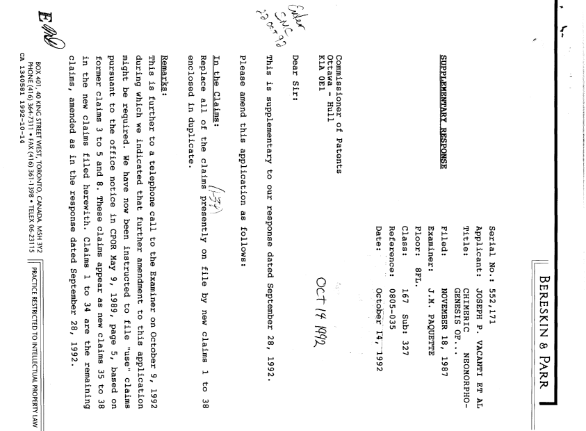 Document de brevet canadien 1340581. Correspondance de la poursuite 19921014. Image 1 de 2