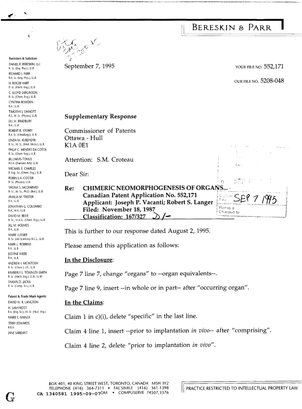 Document de brevet canadien 1340581. Correspondance de la poursuite 19950907. Image 1 de 2