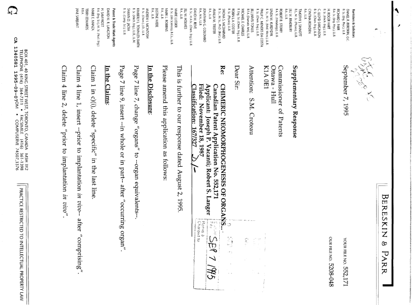 Canadian Patent Document 1340581. Prosecution Correspondence 19950907. Image 1 of 2