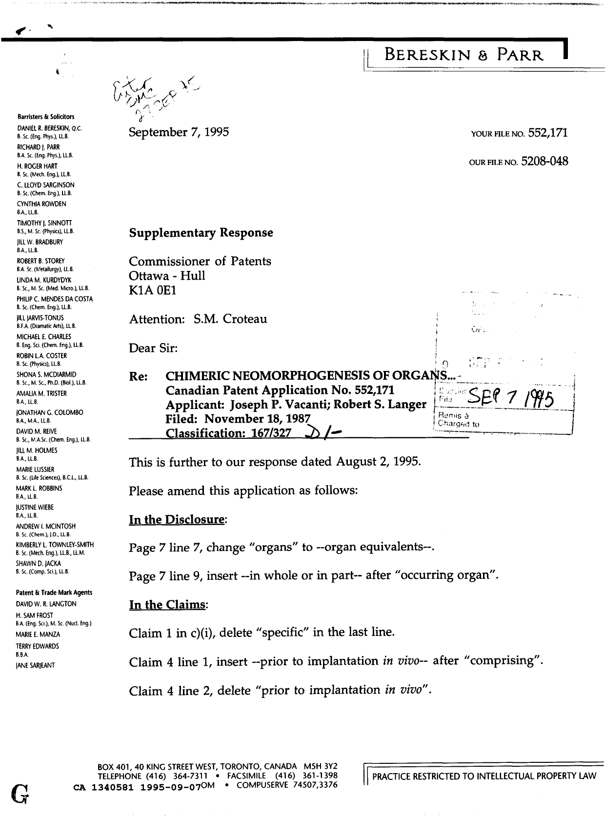 Canadian Patent Document 1340581. Prosecution Correspondence 19950907. Image 1 of 2