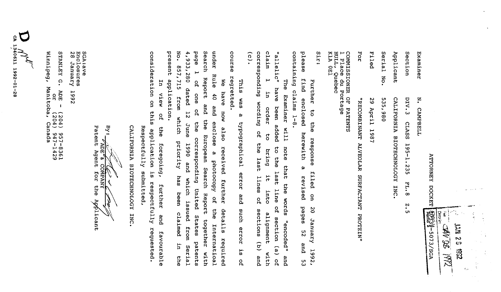 Canadian Patent Document 1340611. Prosecution Correspondence 19920128. Image 1 of 4