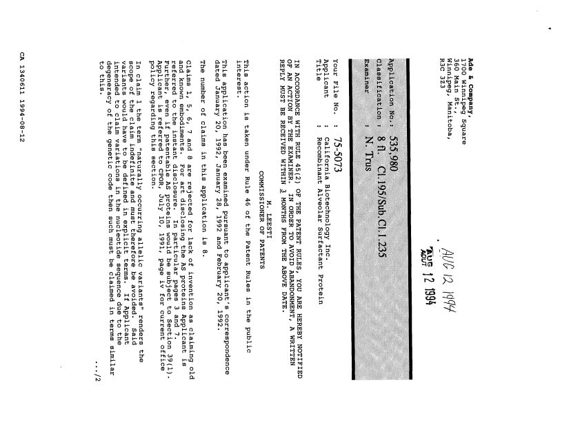 Document de brevet canadien 1340611. Demande d'examen 19940812. Image 1 de 2