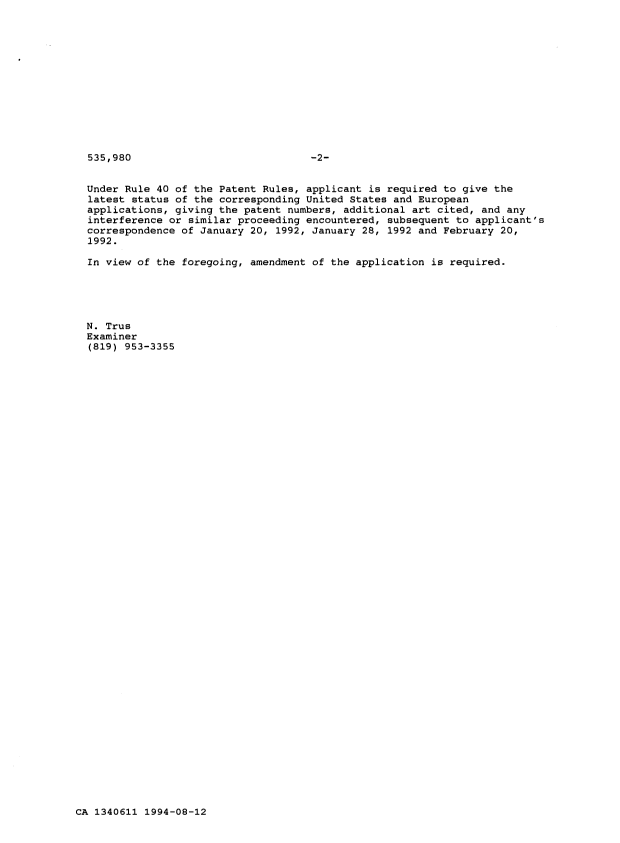 Document de brevet canadien 1340611. Demande d'examen 19940812. Image 2 de 2
