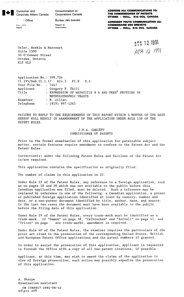 Canadian Patent Document 1340617. Examiner Requisition 19910412. Image 1 of 1