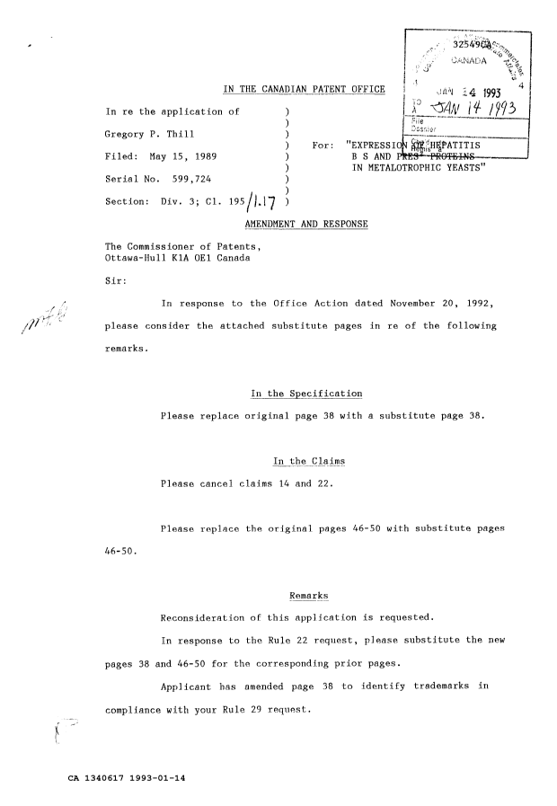 Canadian Patent Document 1340617. Prosecution Correspondence 19930114. Image 1 of 2