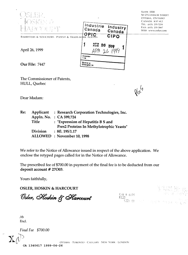 Document de brevet canadien 1340617. Correspondance de la poursuite 19990426. Image 1 de 1