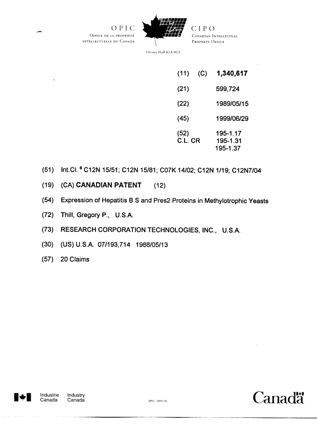 Canadian Patent Document 1340617. Cover Page 19990715. Image 1 of 1